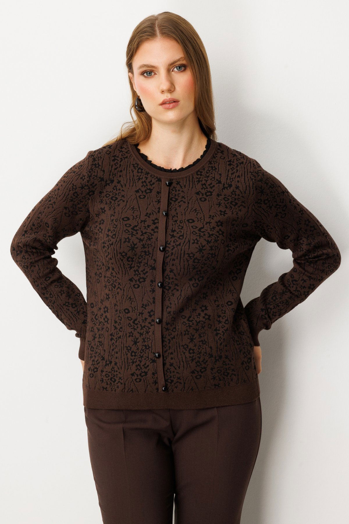 On Kadın Fırfır Detaylı Triko Kazak 65368 Kahverengi - 2