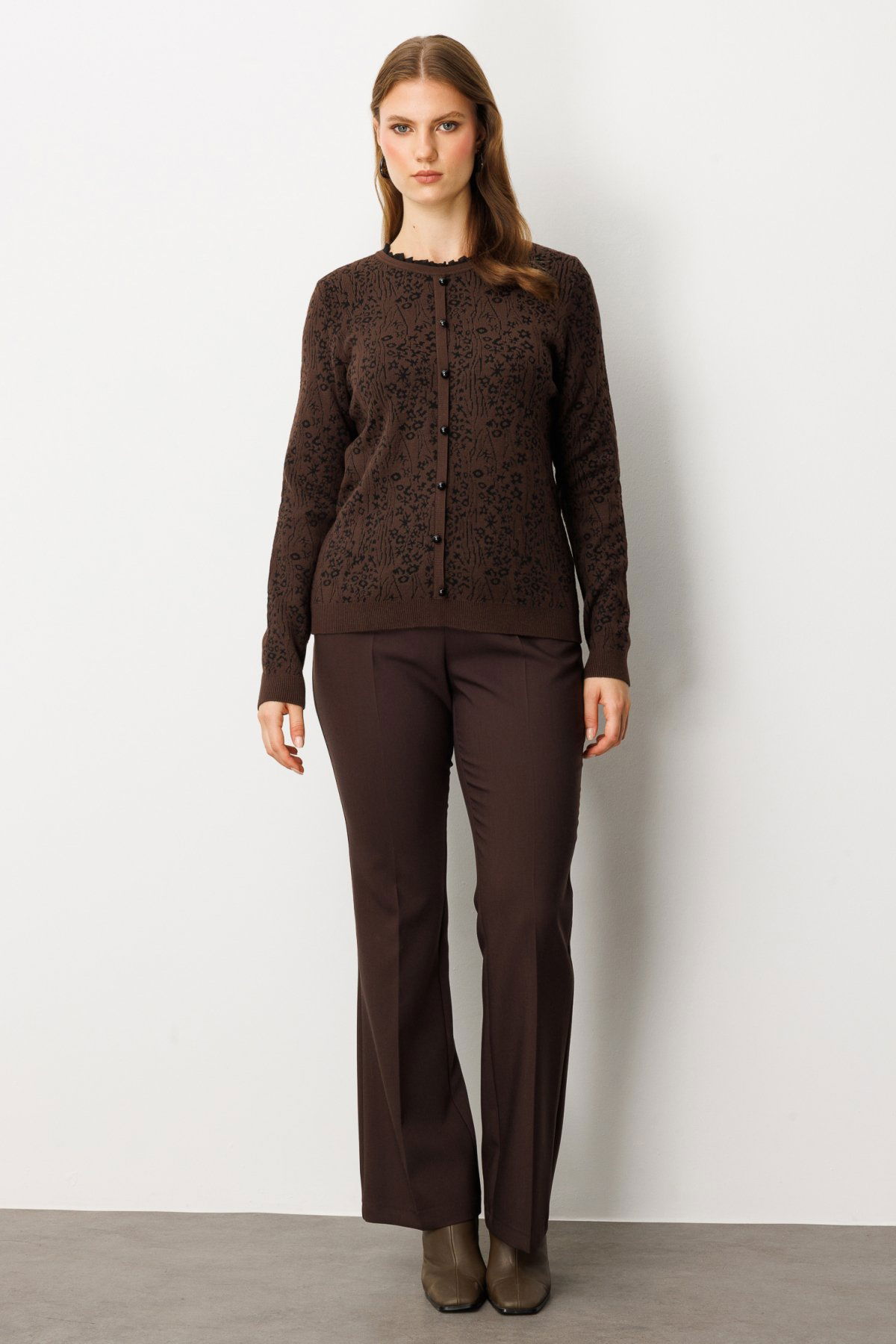 On Kadın Fırfır Detaylı Triko Kazak 65368 Kahverengi - 3