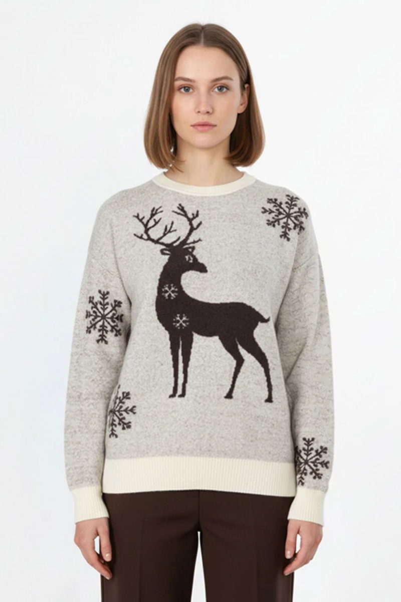 On Kadın Geyik Desenli Triko Kazak 63324 Ekru - On