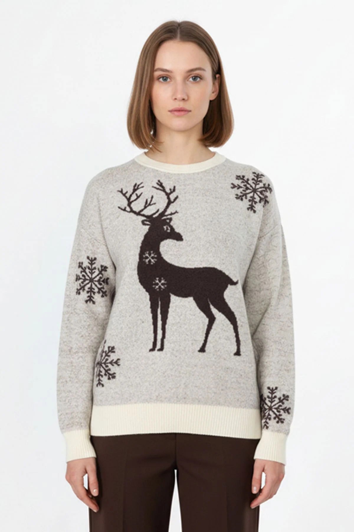 On Kadın Geyik Desenli Triko Kazak 63324 Ekru - 1