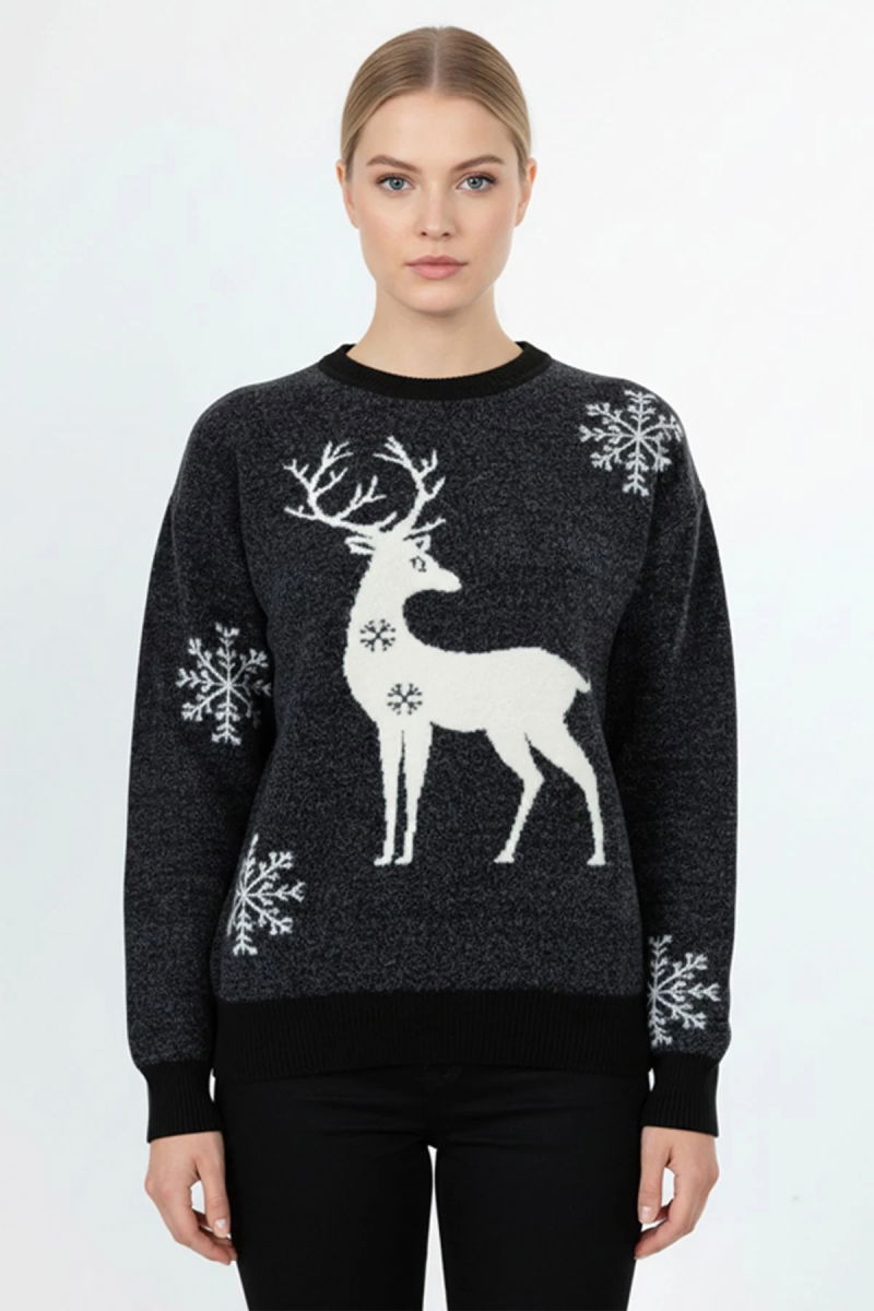 On Kadın Geyik Desenli Triko Kazak 63324 Siyah - On