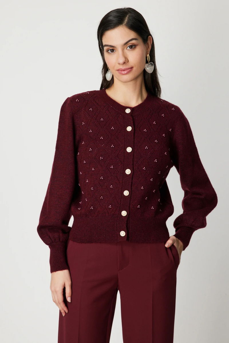 On Kadın İnci Düğmeli Triko Hırka 63922 Bordo - On