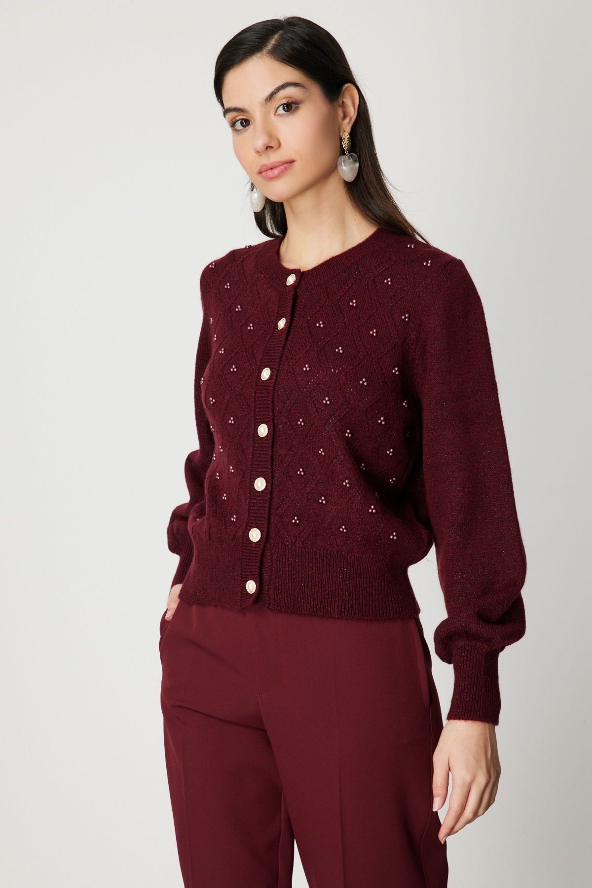 On Kadın İnci Düğmeli Triko Hırka 63922 Bordo - 2