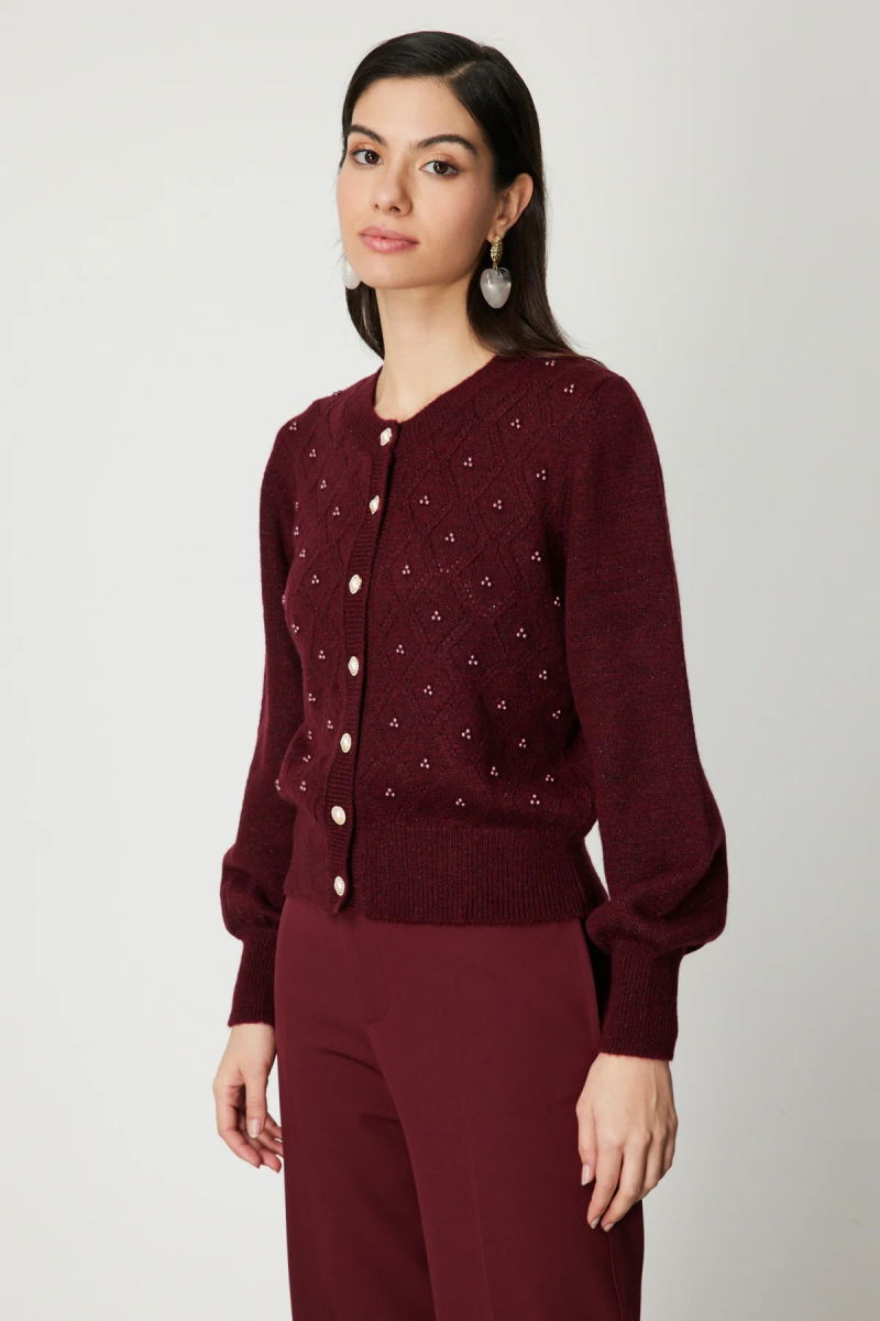 On Kadın İnci Düğmeli Triko Hırka 63922 Bordo - 3