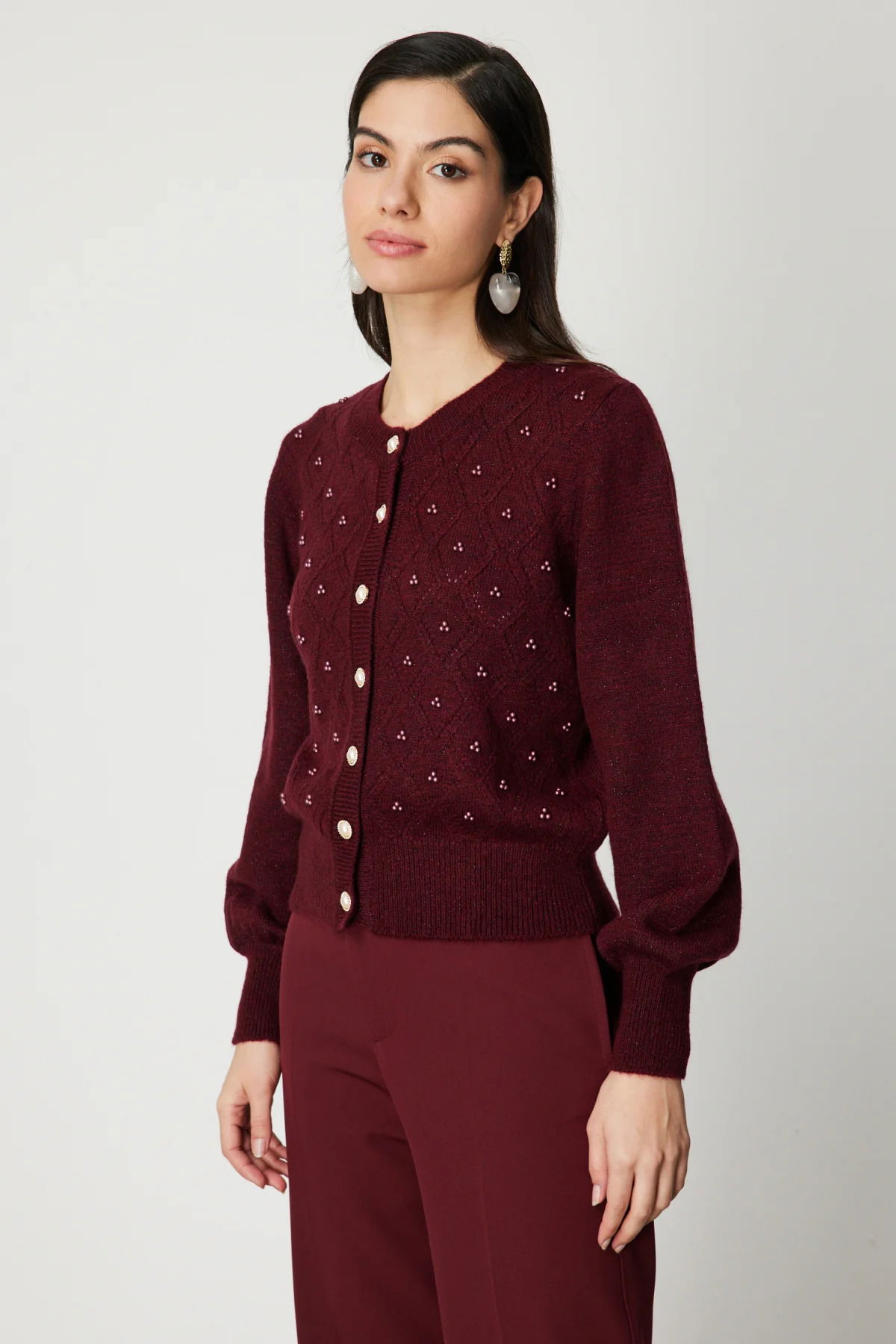 On Kadın İnci Düğmeli Triko Hırka 63922 Bordo - 3