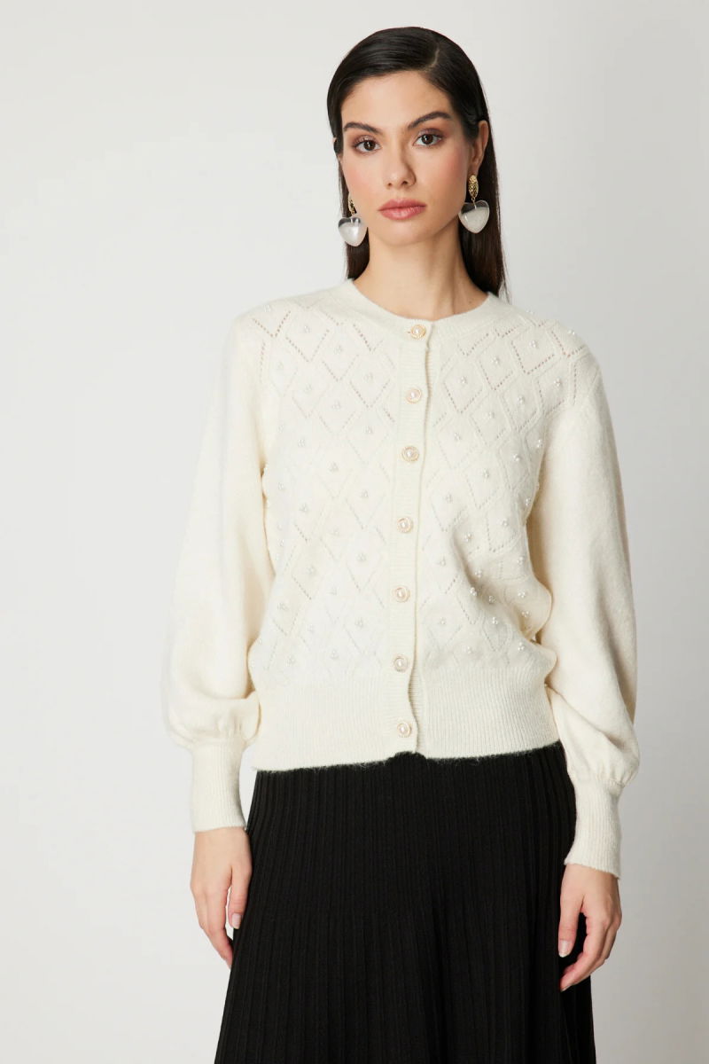 On Kadın İnci Düğmeli Triko Hırka 63922 Ekru - On