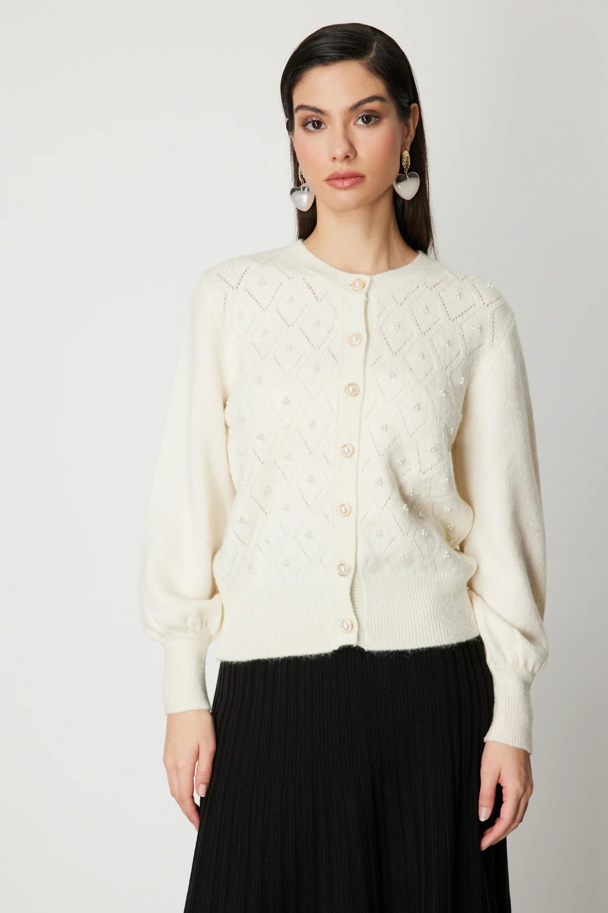 On Kadın İnci Düğmeli Triko Hırka 63922 Ekru - 1