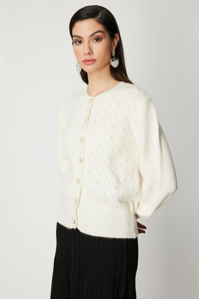 On Kadın İnci Düğmeli Triko Hırka 63922 Ekru - 2