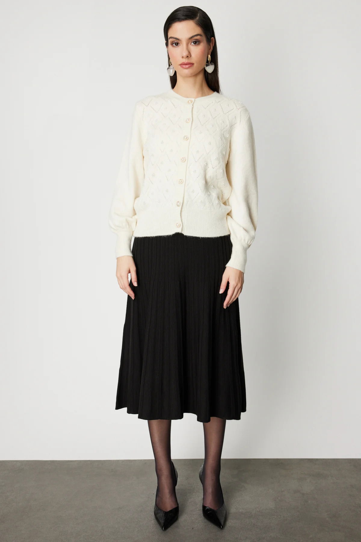 On Kadın İnci Düğmeli Triko Hırka 63922 Ekru - 3