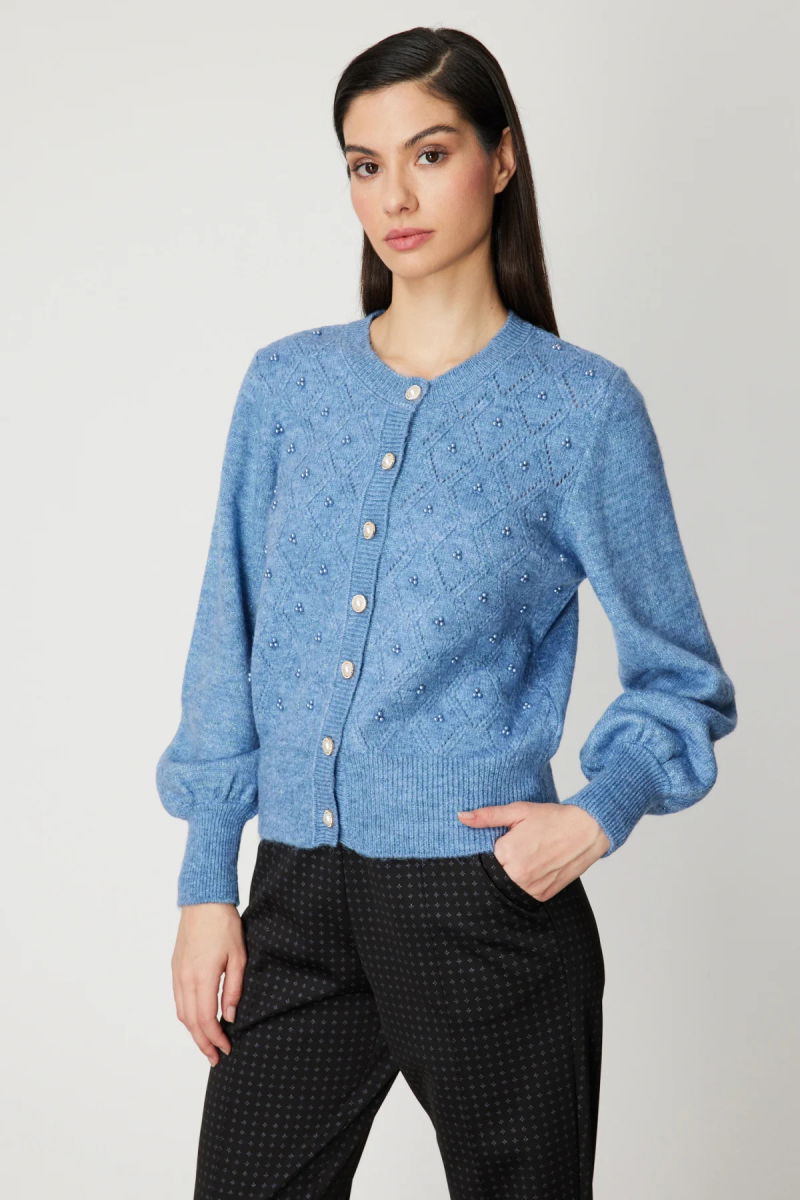 On Kadın İnci Düğmeli Triko Hırka 63922 Mavi - 2
