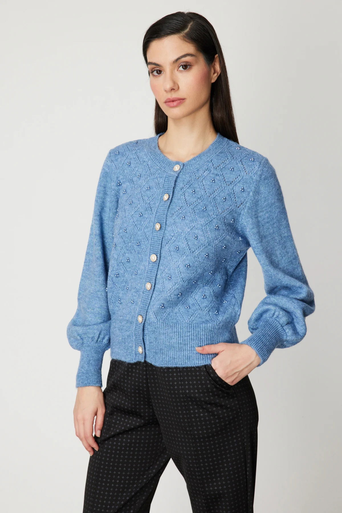 On Kadın İnci Düğmeli Triko Hırka 63922 Mavi - 2
