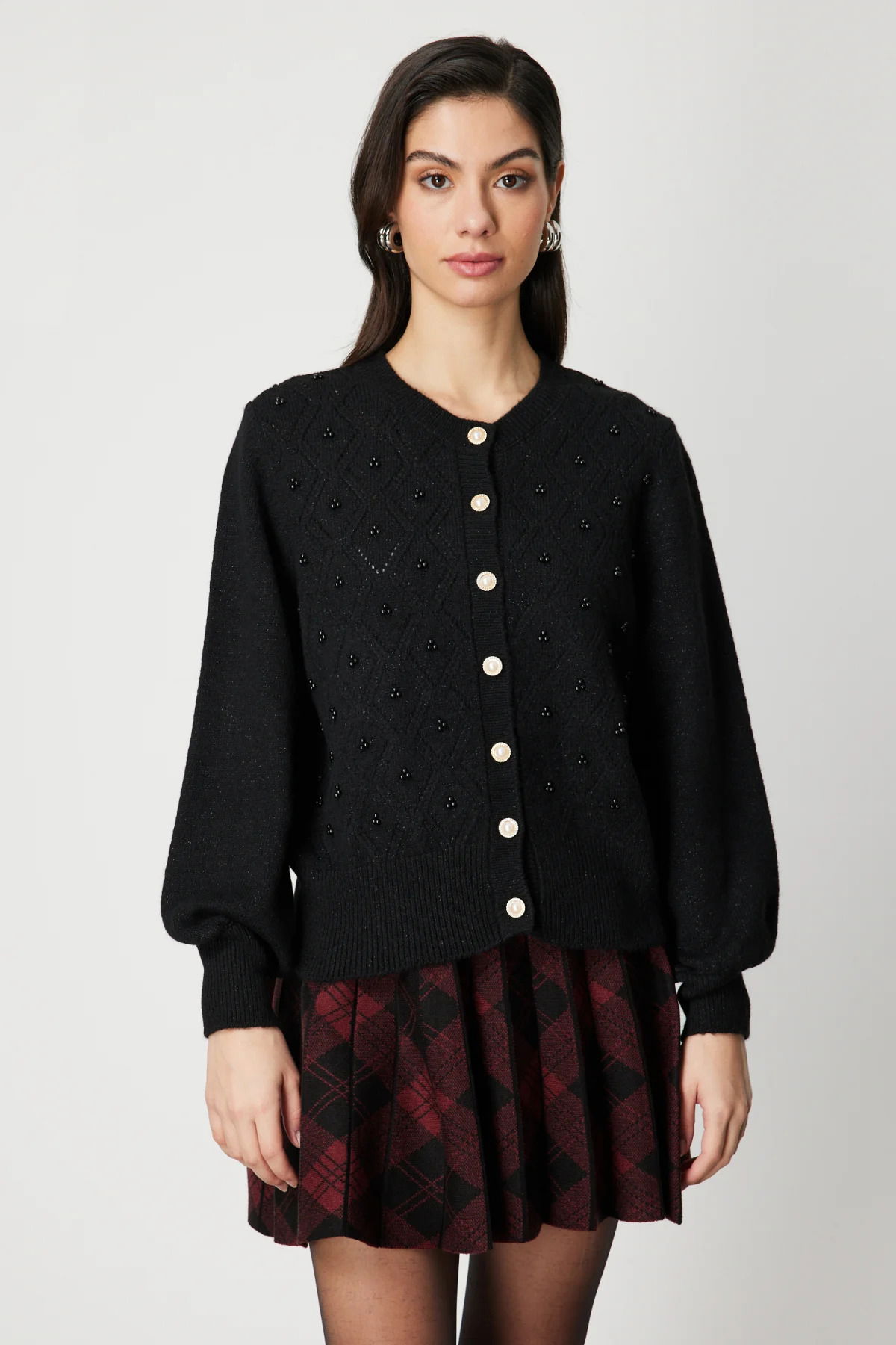 On Kadın İnci Düğmeli Triko Hırka 63922 Siyah - 1