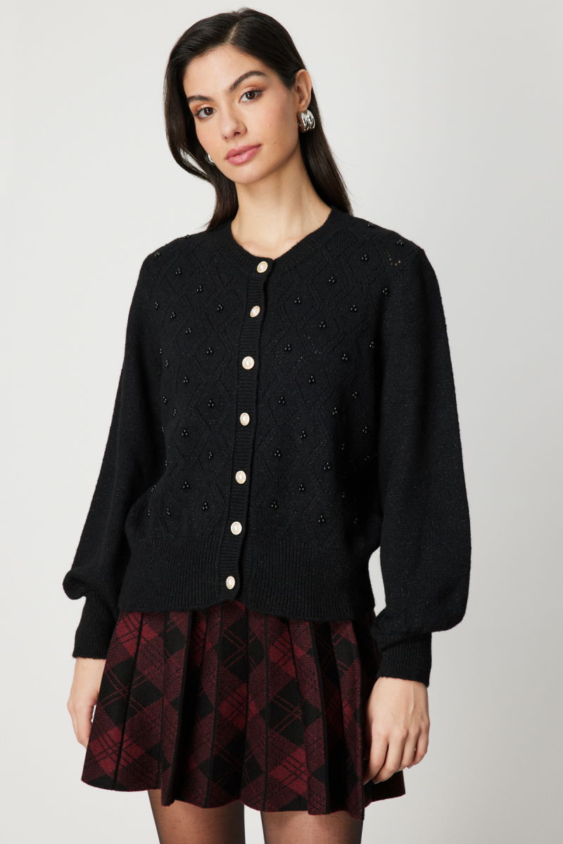 On Kadın İnci Düğmeli Triko Hırka 63922 Siyah - 2