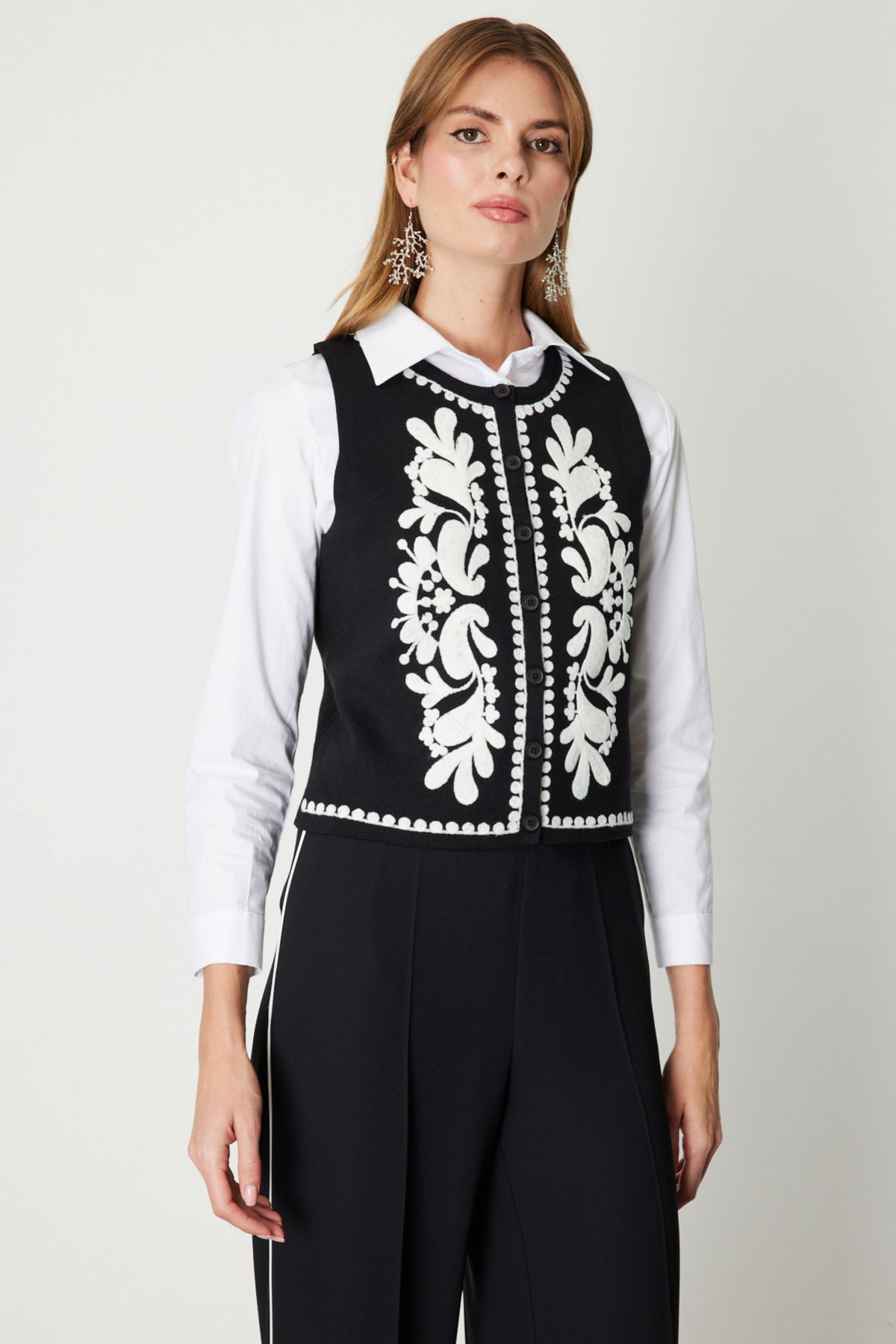 On Kadın İşlemeli Triko Yelek 60919 Siyah - 2