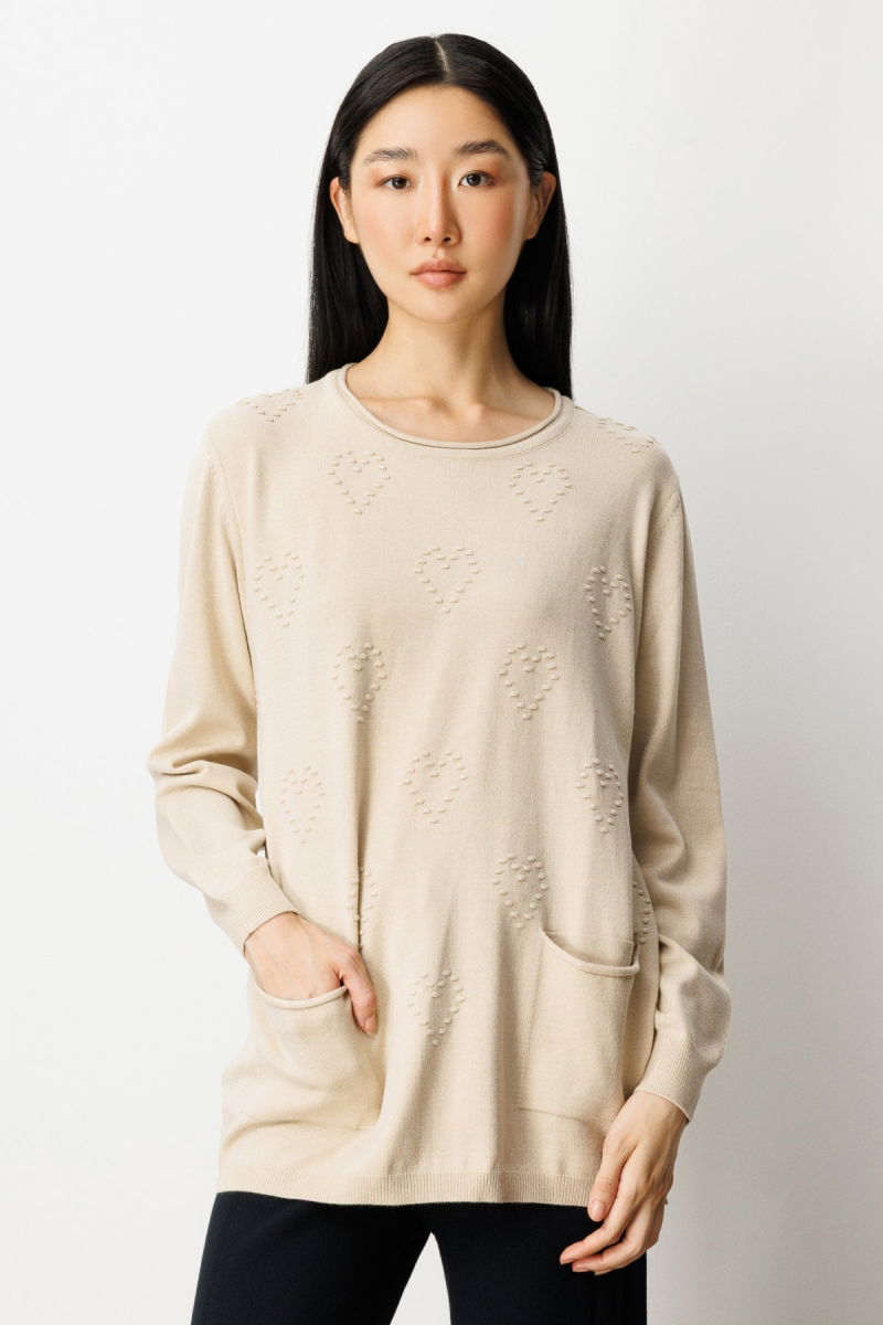 On Kadın Kabartma Desenli Cepli Triko Kazak 65344 Bej - On