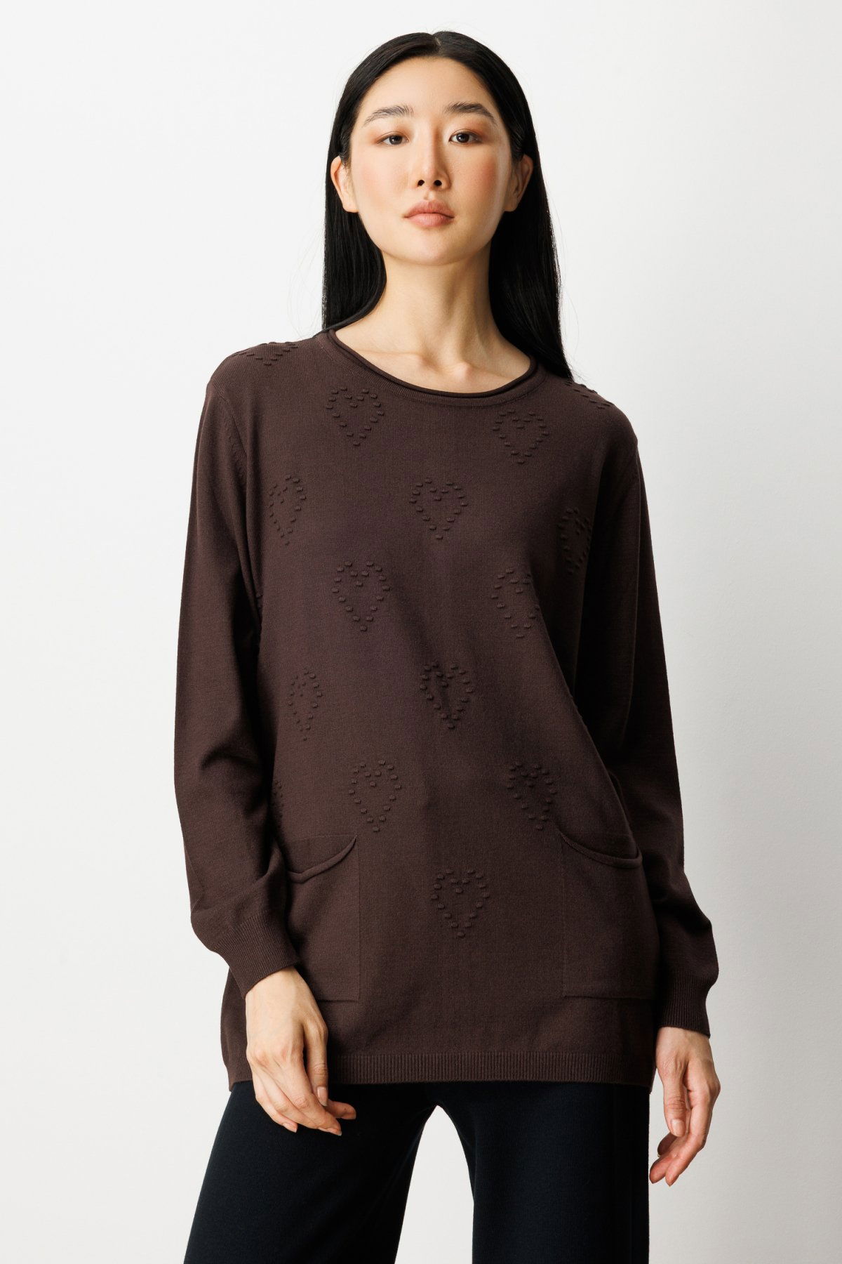 On Kadın Kabartma Desenli Cepli Triko Kazak 65344 Kahverengi - 1