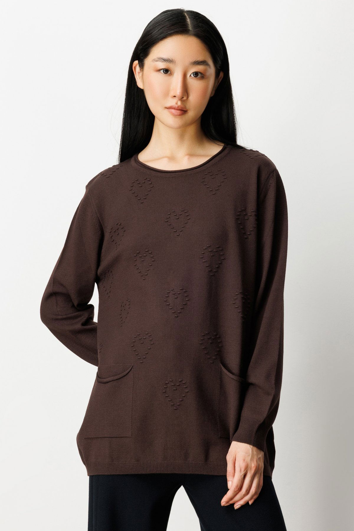 On Kadın Kabartma Desenli Cepli Triko Kazak 65344 Kahverengi - 2