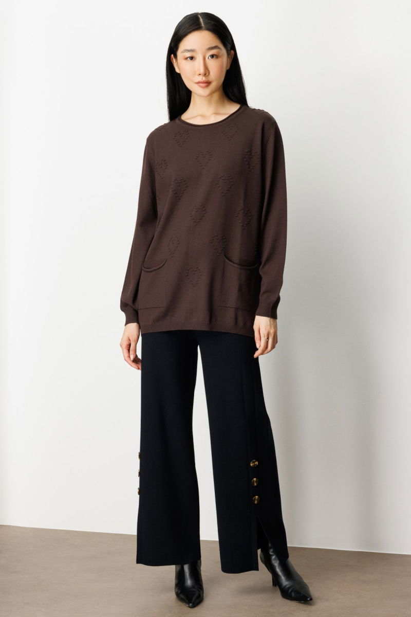 On Kadın Kabartma Desenli Cepli Triko Kazak 65344 Kahverengi - 3