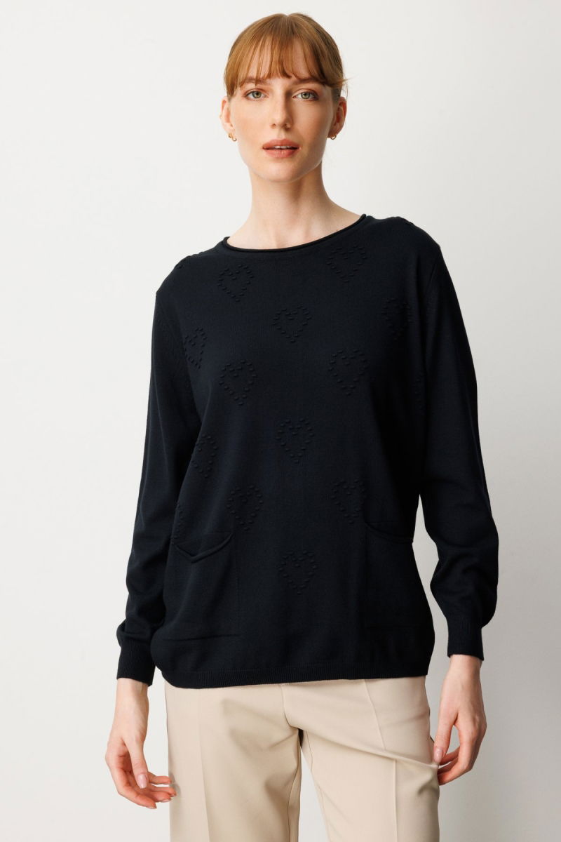 On Kadın Kabartma Desenli Cepli Triko Kazak 65344 Siyah - On