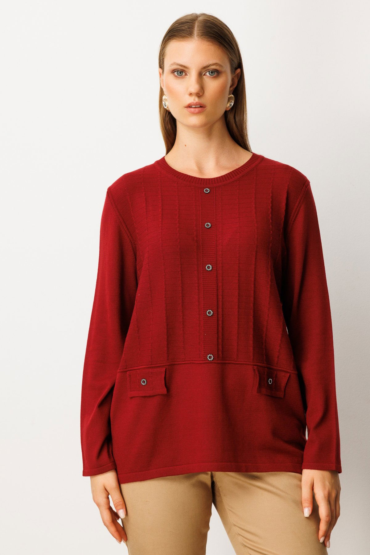 On Kadın Kabartma Desenli Süs Düğmeli Triko Kazak 65358 Bordo - 1