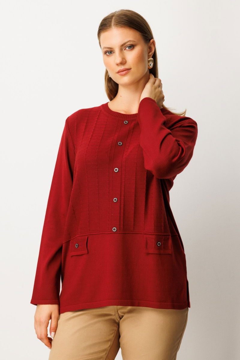 On Kadın Kabartma Desenli Süs Düğmeli Triko Kazak 65358 Bordo - 2