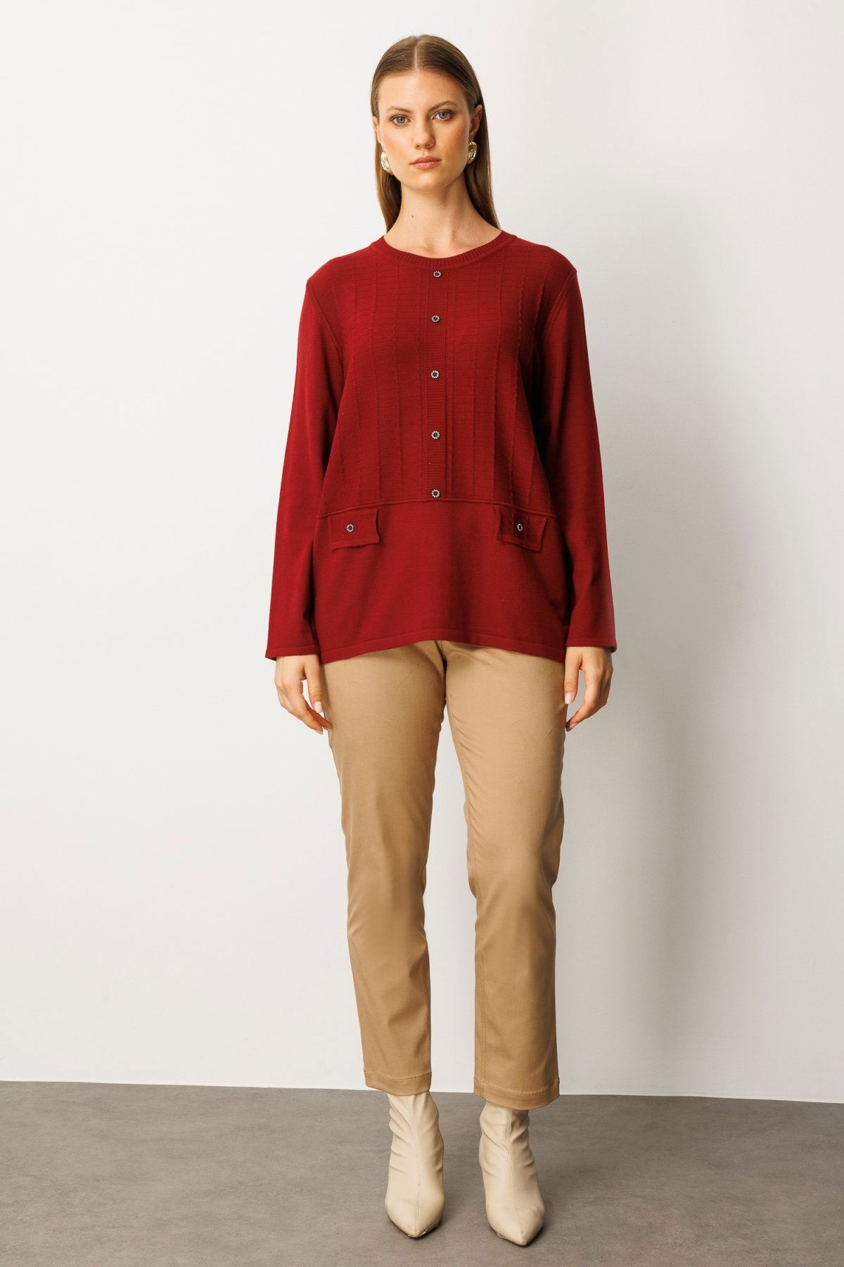 On Kadın Kabartma Desenli Süs Düğmeli Triko Kazak 65358 Bordo - 3