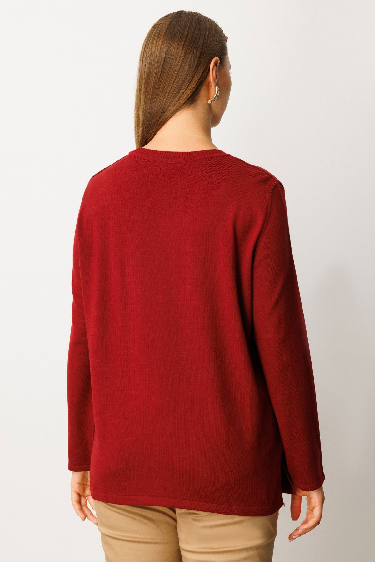 On Kadın Kabartma Desenli Süs Düğmeli Triko Kazak 65358 Bordo - 4