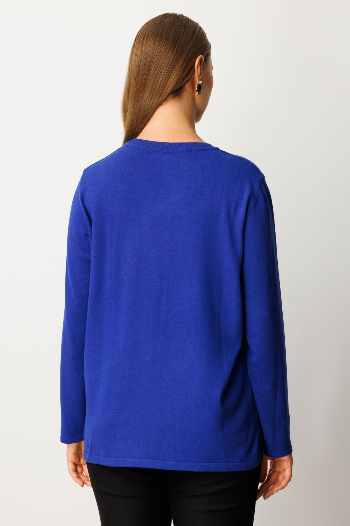 On Kadın Kabartma Desenli Süs Düğmeli Triko Kazak 65358 Saks - 4