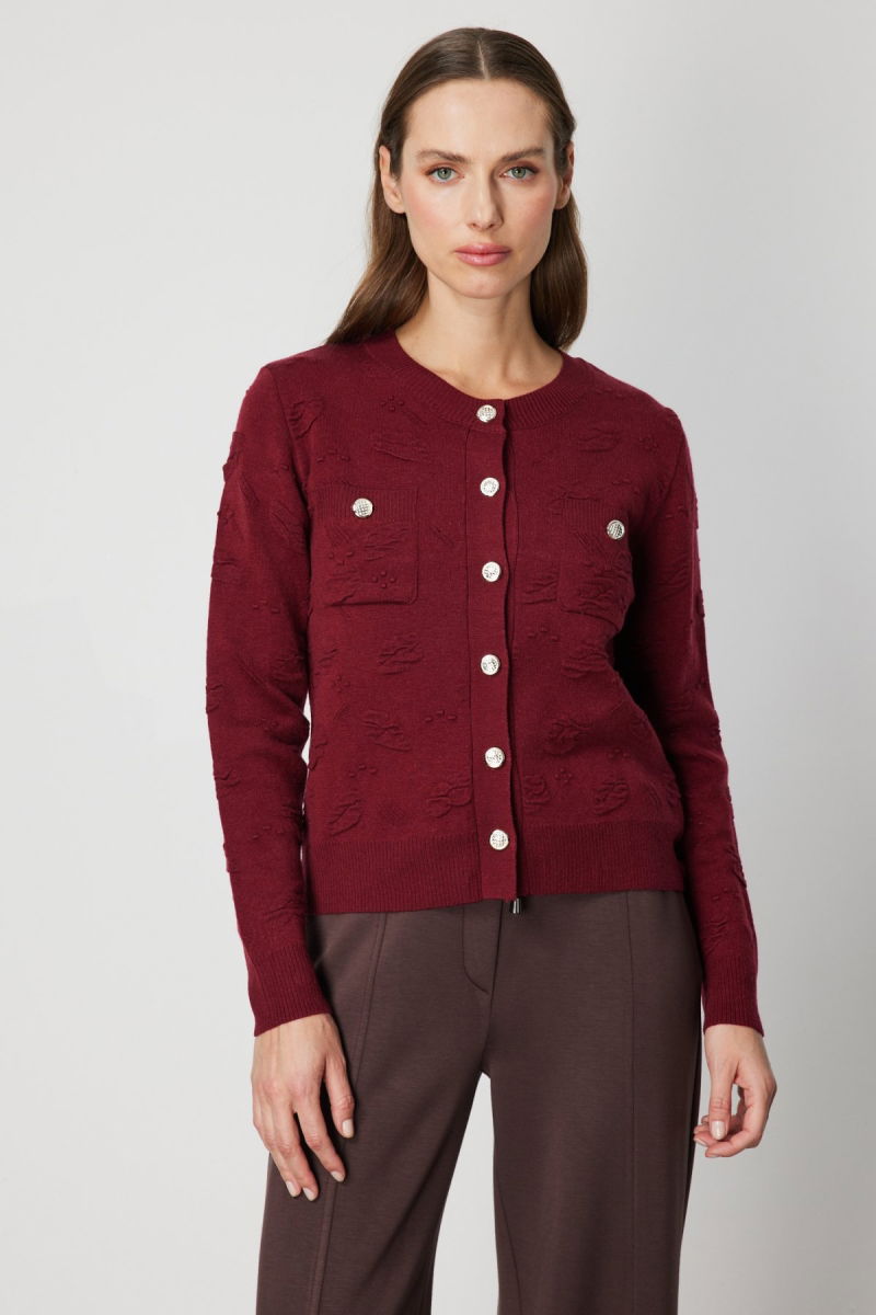 On Kadın Kabartmalı Sıfır Yaka Hırka 66938 Bordo - On