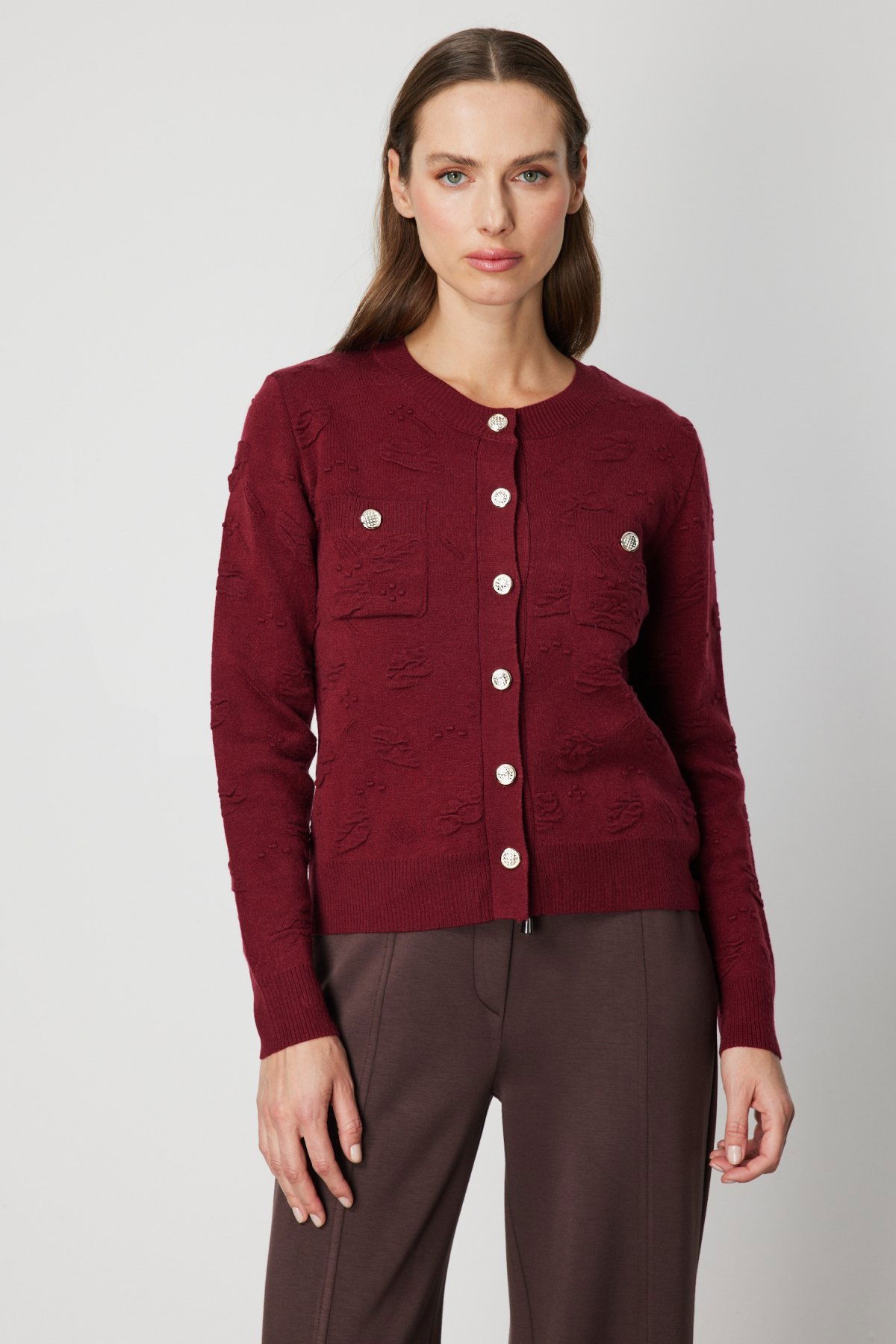 On Kadın Kabartmalı Sıfır Yaka Hırka 66938 Bordo - 1