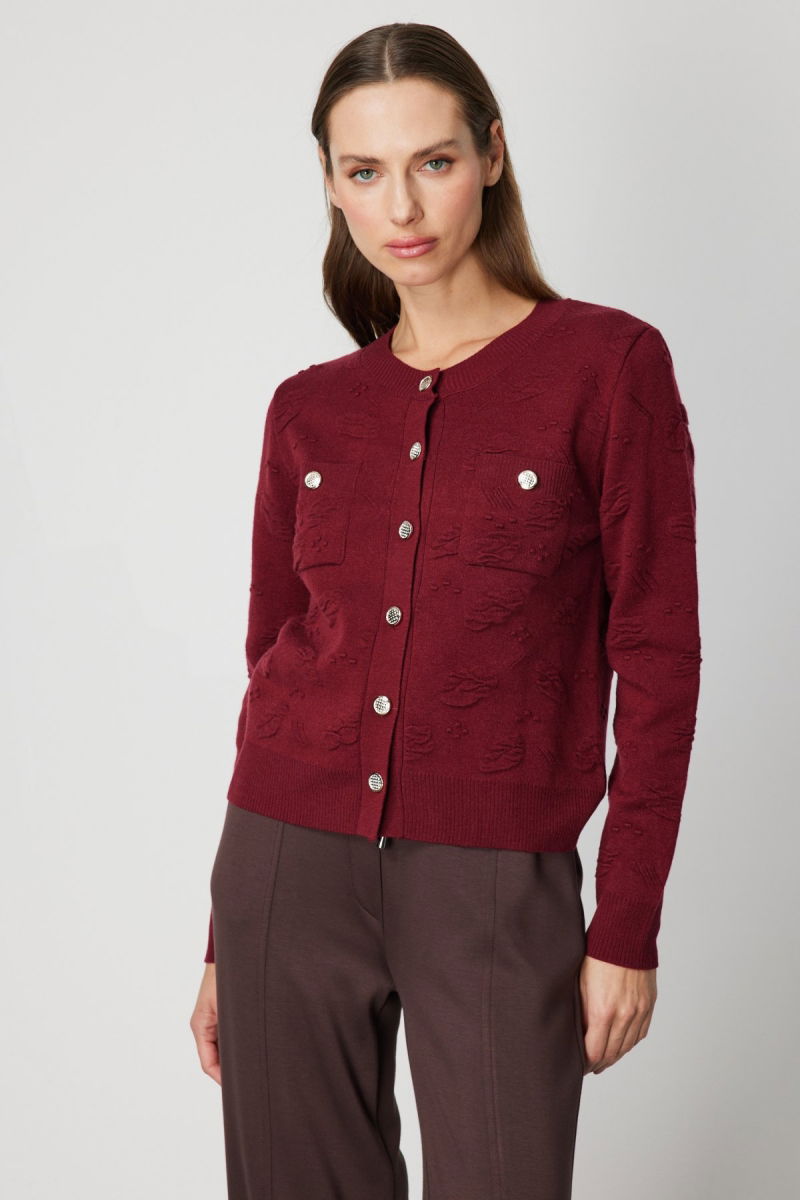 On Kadın Kabartmalı Sıfır Yaka Hırka 66938 Bordo - 2