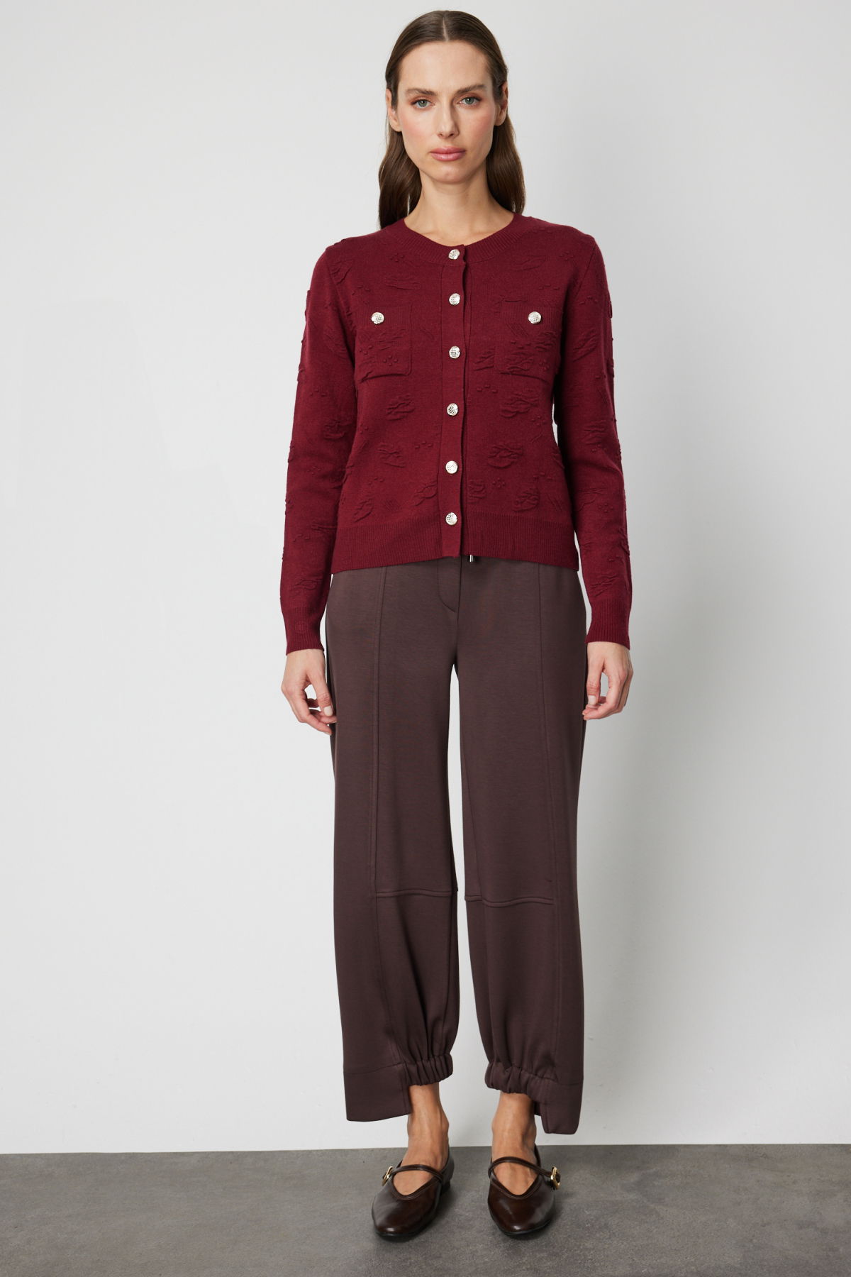 On Kadın Kabartmalı Sıfır Yaka Hırka 66938 Bordo - 3