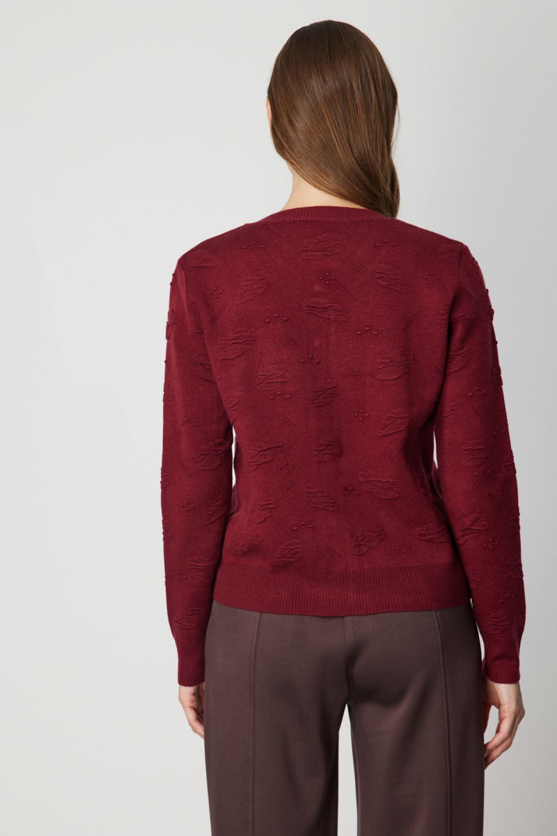 On Kadın Kabartmalı Sıfır Yaka Hırka 66938 Bordo - 4