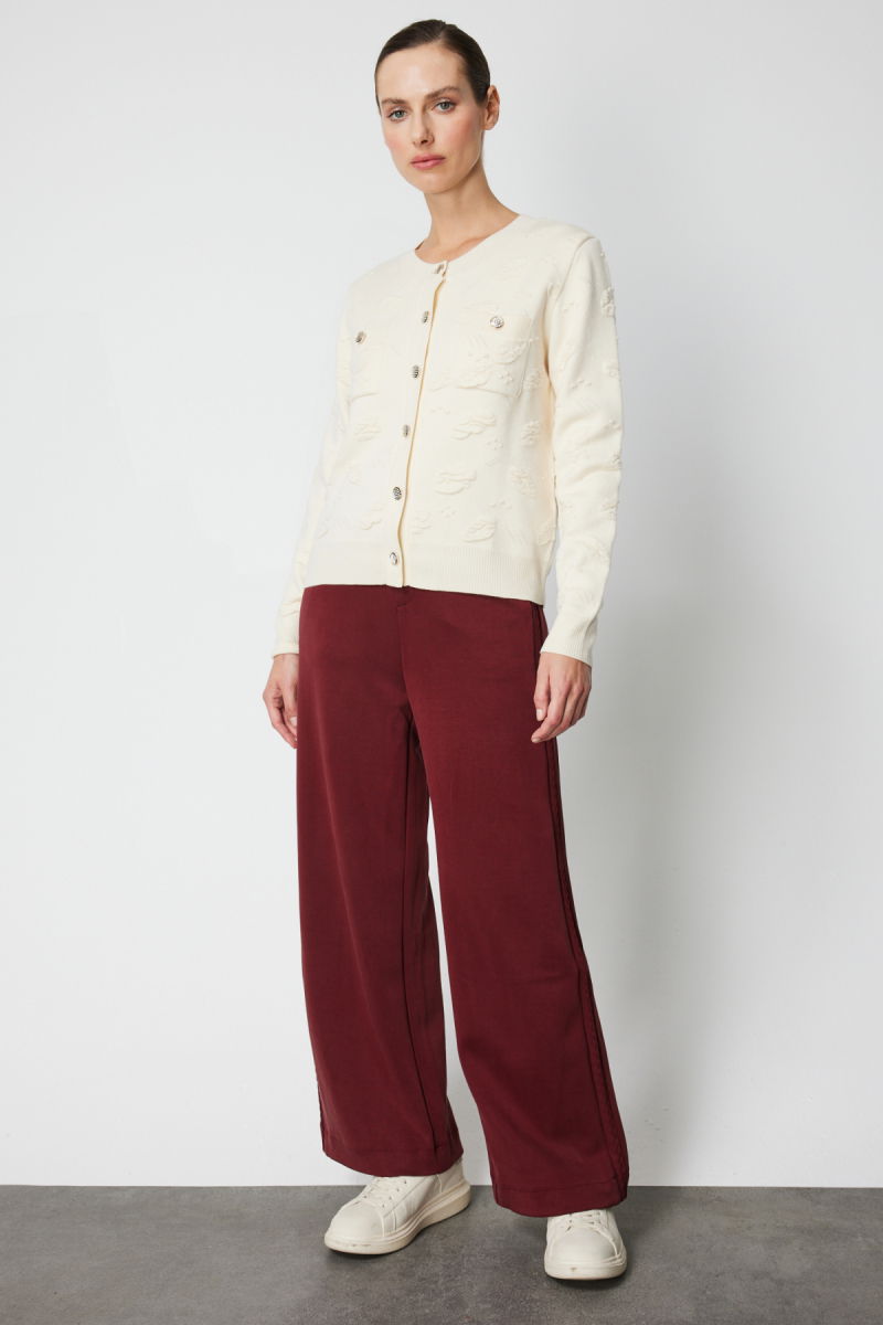 On Kadın Kabartmalı Sıfır Yaka Hırka 66938 Krem - 2