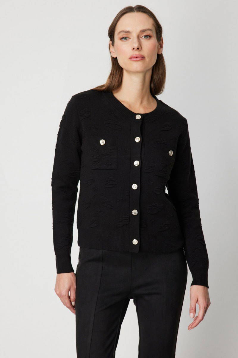 On Kadın Kabartmalı Sıfır Yaka Hırka 66938 Siyah - On