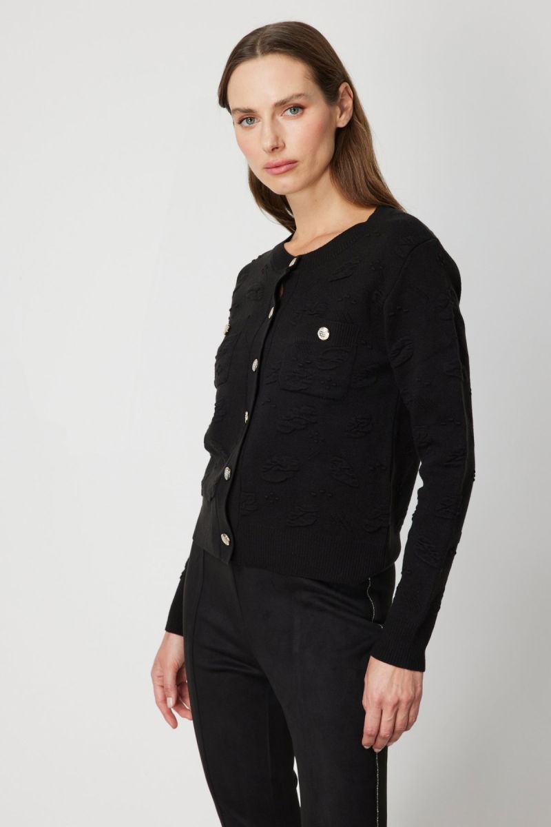 On Kadın Kabartmalı Sıfır Yaka Hırka 66938 Siyah - 2