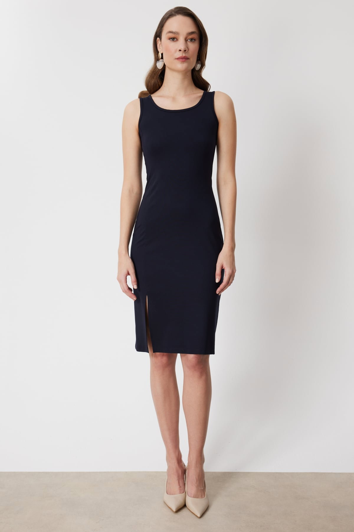 On Kadın Kalın Askılı Yırtmaçlı Midi Elbise 74348 Lacivert - 1