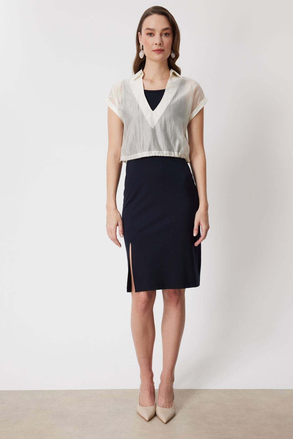 On Kadın Kalın Askılı Yırtmaçlı Midi Elbise 74348 Lacivert - 3