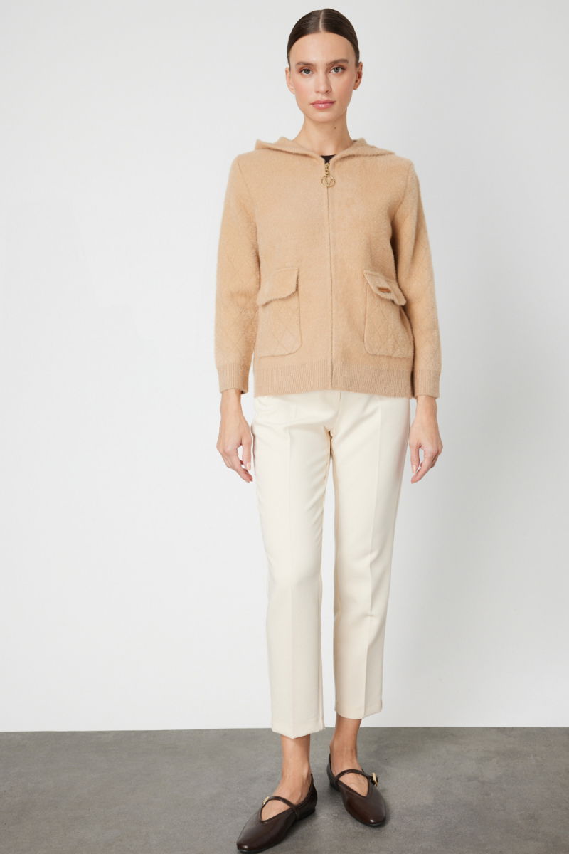 On Kadın Kapak Cepli Peluş Hırka 60936 Bej - 3