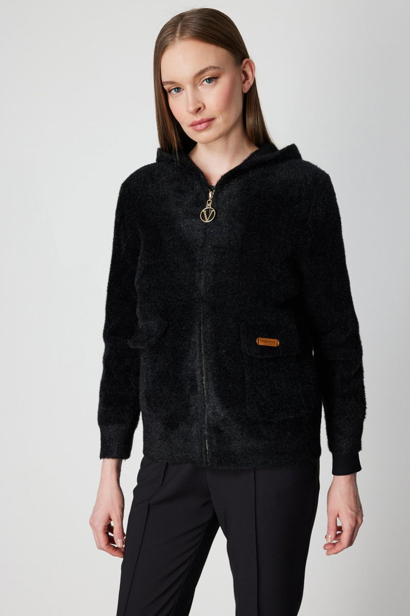 On Kadın Kapak Cepli Peluş Hırka 60936 Siyah - On