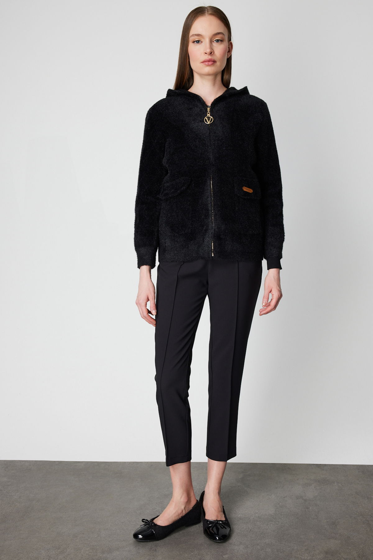 On Kadın Kapak Cepli Peluş Hırka 60936 Siyah - 3