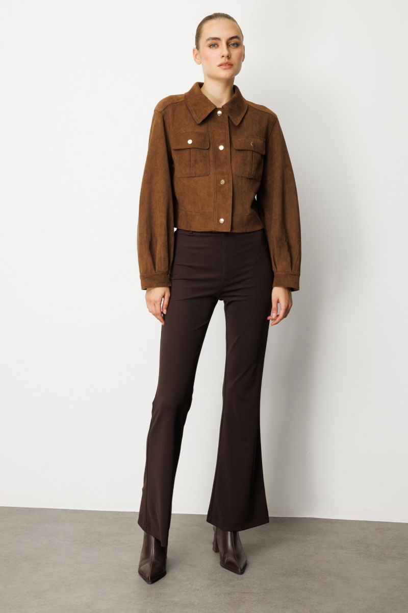 On Kadın Kapak Cepli Süet Crop Ceket 60503 Kahverengi - On