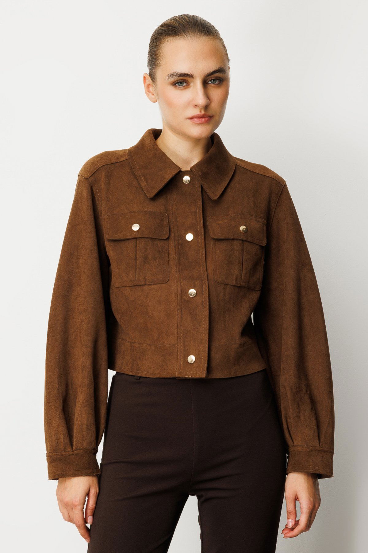 On Kadın Kapak Cepli Süet Crop Ceket 60503 Kahverengi - 2
