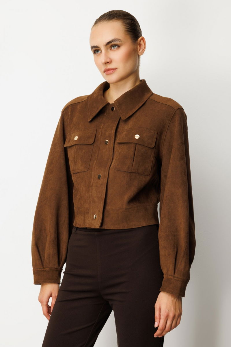 On Kadın Kapak Cepli Süet Crop Ceket 60503 Kahverengi - 3