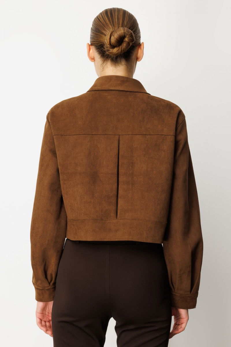 On Kadın Kapak Cepli Süet Crop Ceket 60503 Kahverengi - 4
