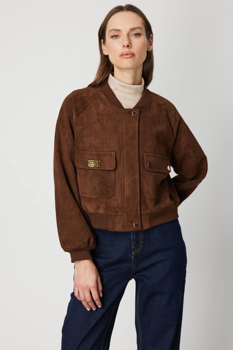 On Kadın Kapak Cepli Süet Crop Mont 60705 Kahverengi - On