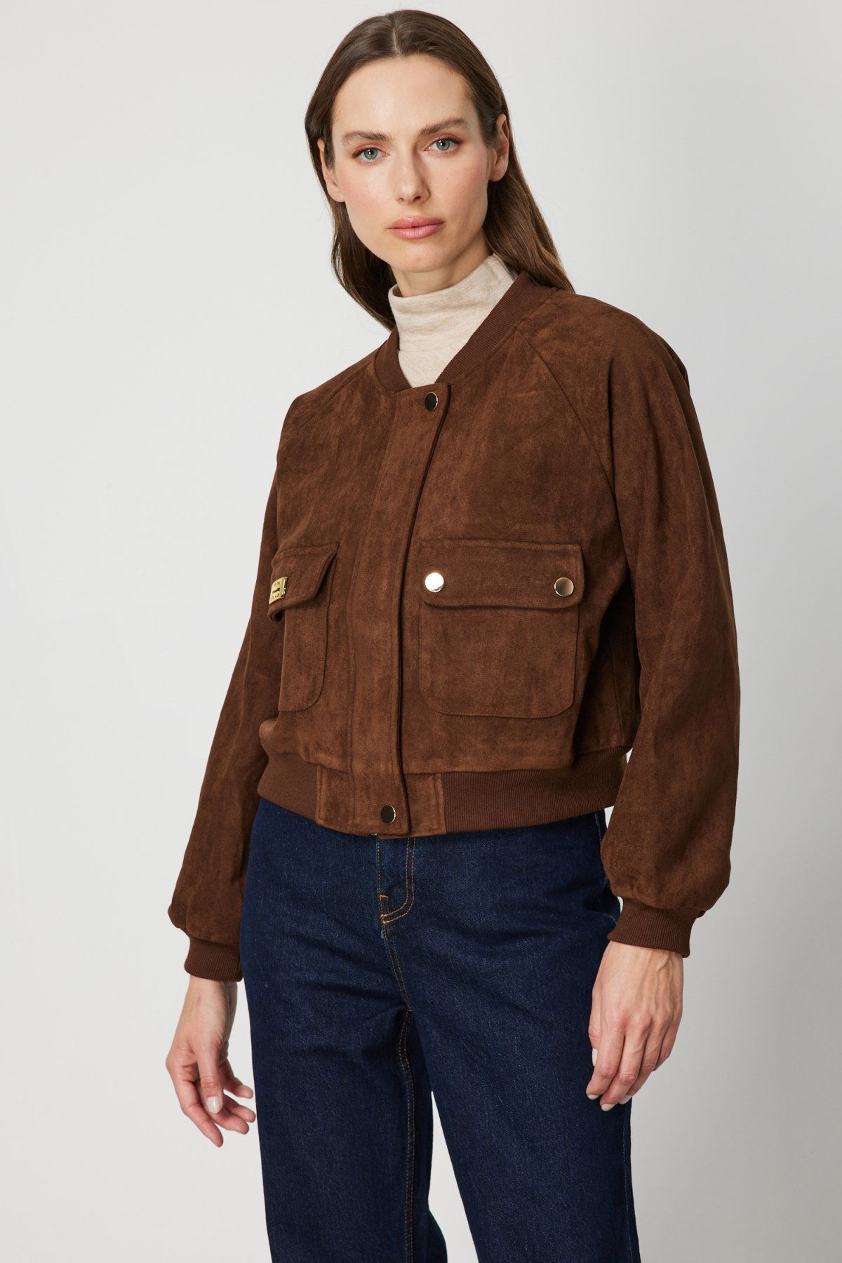 On Kadın Kapak Cepli Süet Crop Mont 60705 Kahverengi - 2