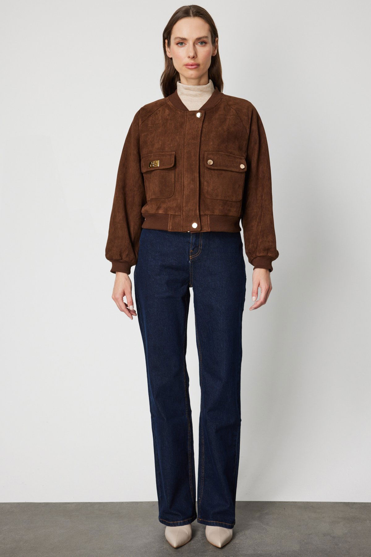 On Kadın Kapak Cepli Süet Crop Mont 60705 Kahverengi - 3