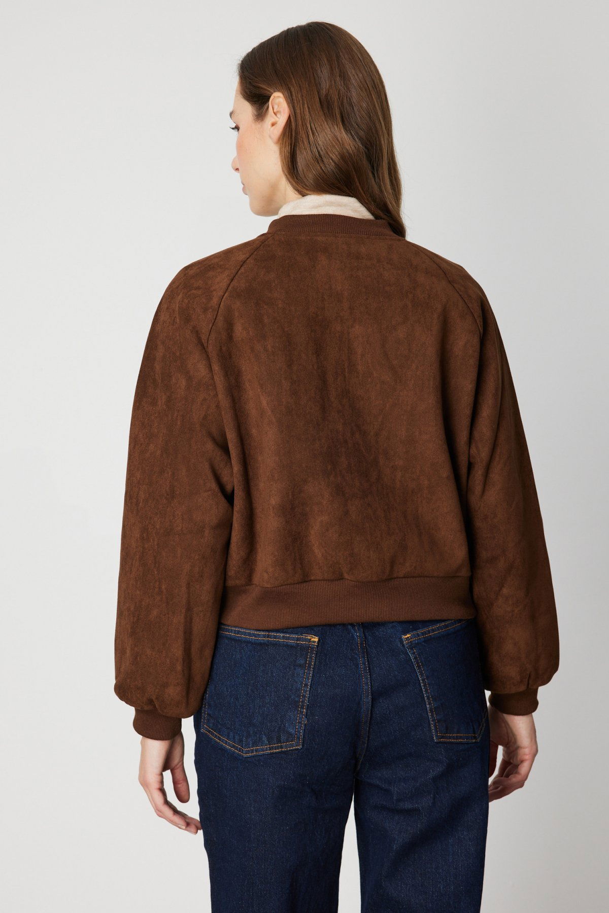 On Kadın Kapak Cepli Süet Crop Mont 60705 Kahverengi - 4