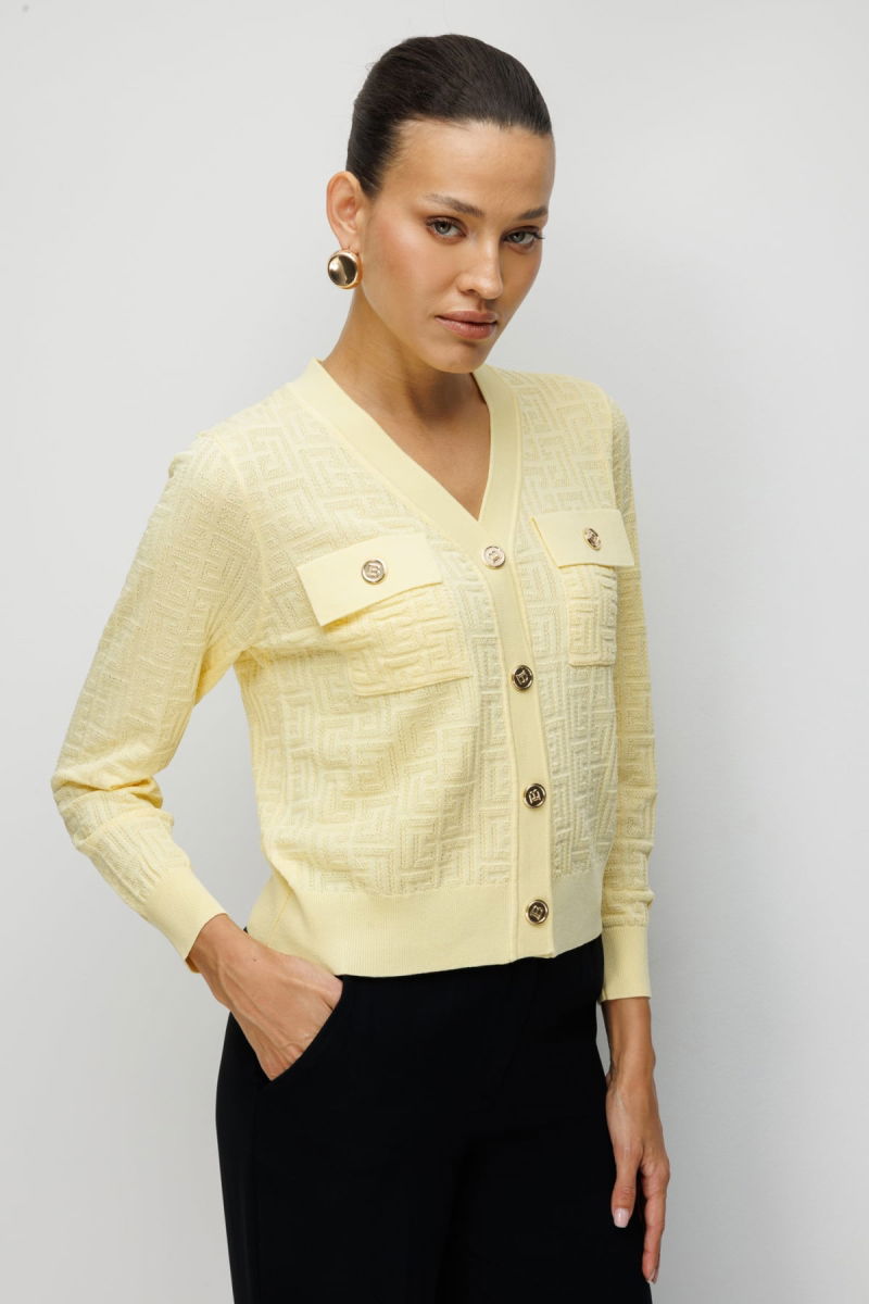 On Kadın Kapak Cepli V Yaka Hırka 70913 Sarı - 2